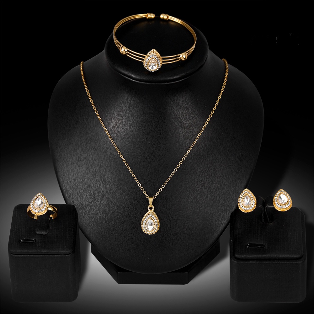 OW@ Women Retro Water Drop Gold Plated Jewelry Set Necklace Bracelet Earrings Ring