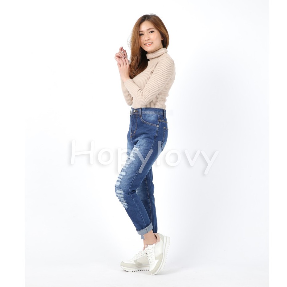 HOPYLOVY - Celana Boyfriend Jeans Wanita Ripped / Sobek Lapis Furing Amithi