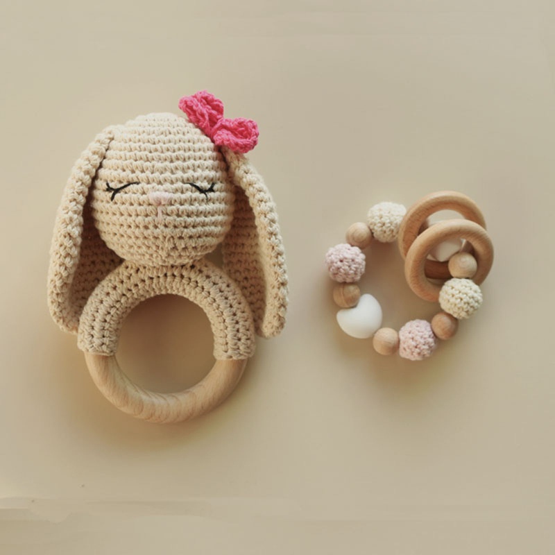 Mary 4pcs / Set Mainan Rattle / Teether Bentuk Kelinci Bahan Kayu Untuk Bayi