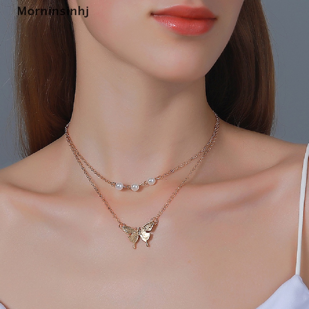 Mornin Fashion Kupu-Kupu Mutiara Liontin Kalung Klavikula Mutiara Rantai Berlapis Kalung id