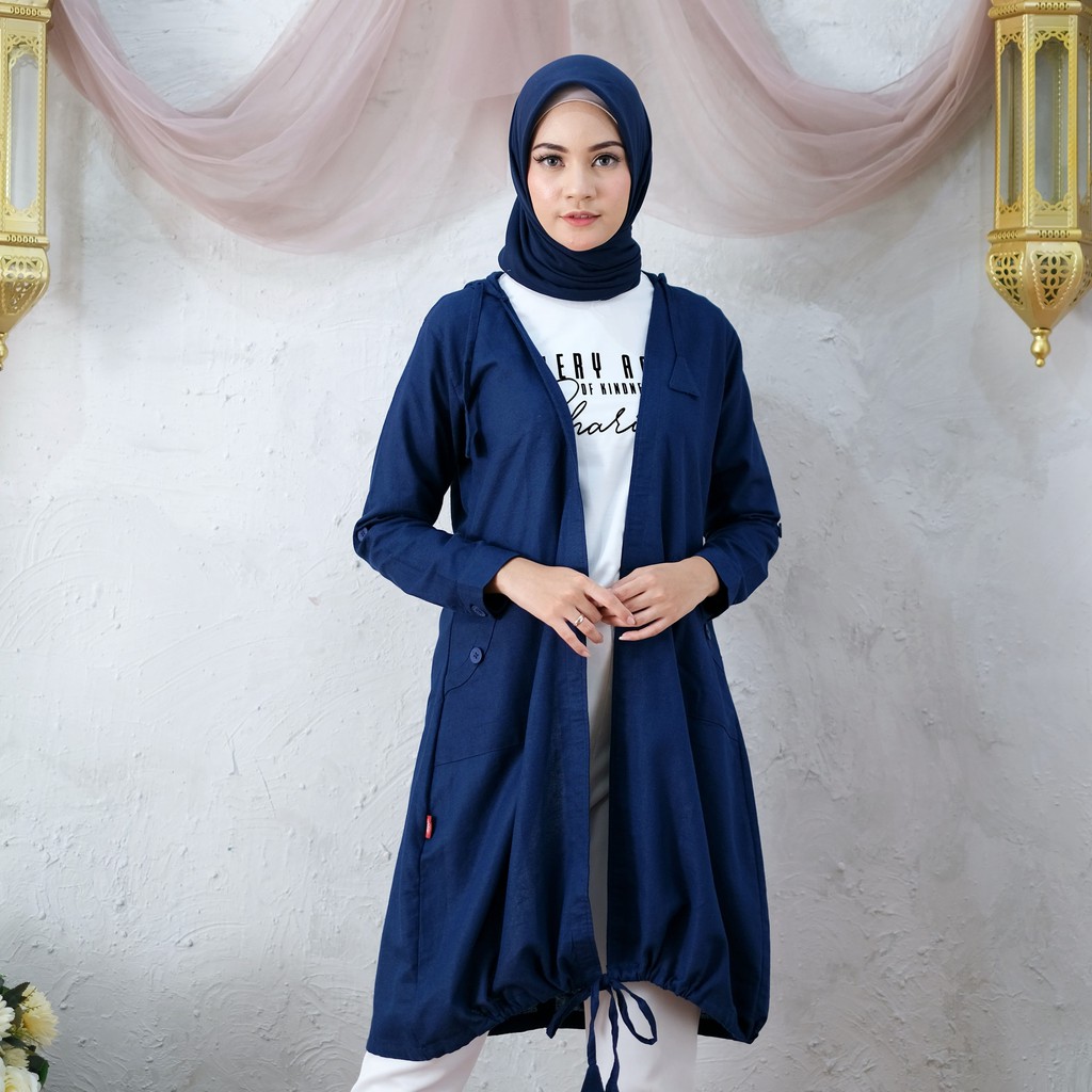 RILLEY - Salwa Tunik Hoodie Wanita Lengan Panjang Biru Navy | Cardi Tunik Wanita