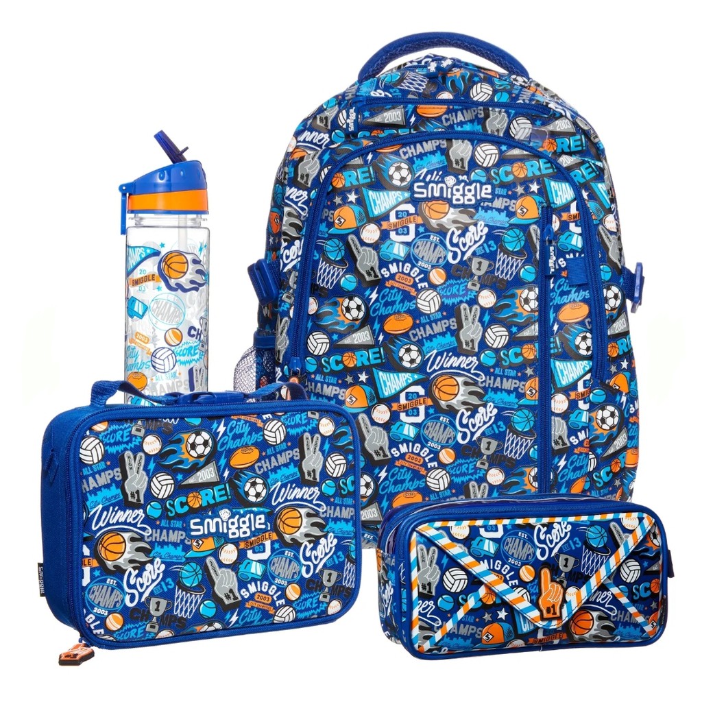  Smiggle  Blue Sport Backpack  Set Lunch Box Pencil Case 