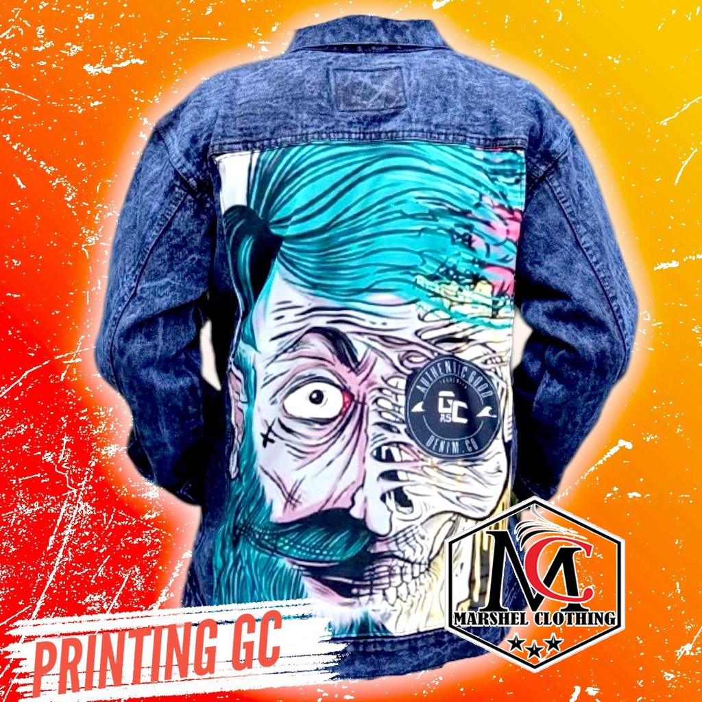 RCL - JAKET JEANS GAMBAR DENIM PRIA PRINTING GAMBAR BELAKANG BLUE MAROON NAVY HITAM