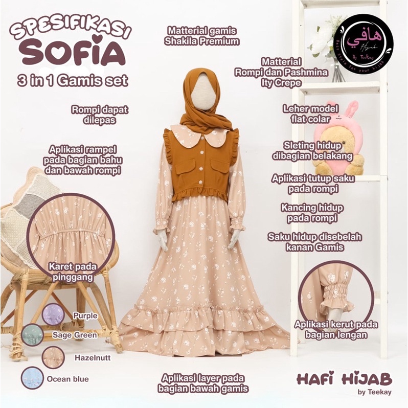 Gamis Set Sofia Anak Perempuan - Dress Jilbab 3 in 1 Cewek Lucu Nyaman - Dres Panjang Hijab Khimar Usia 6 8 10 12 Tahun