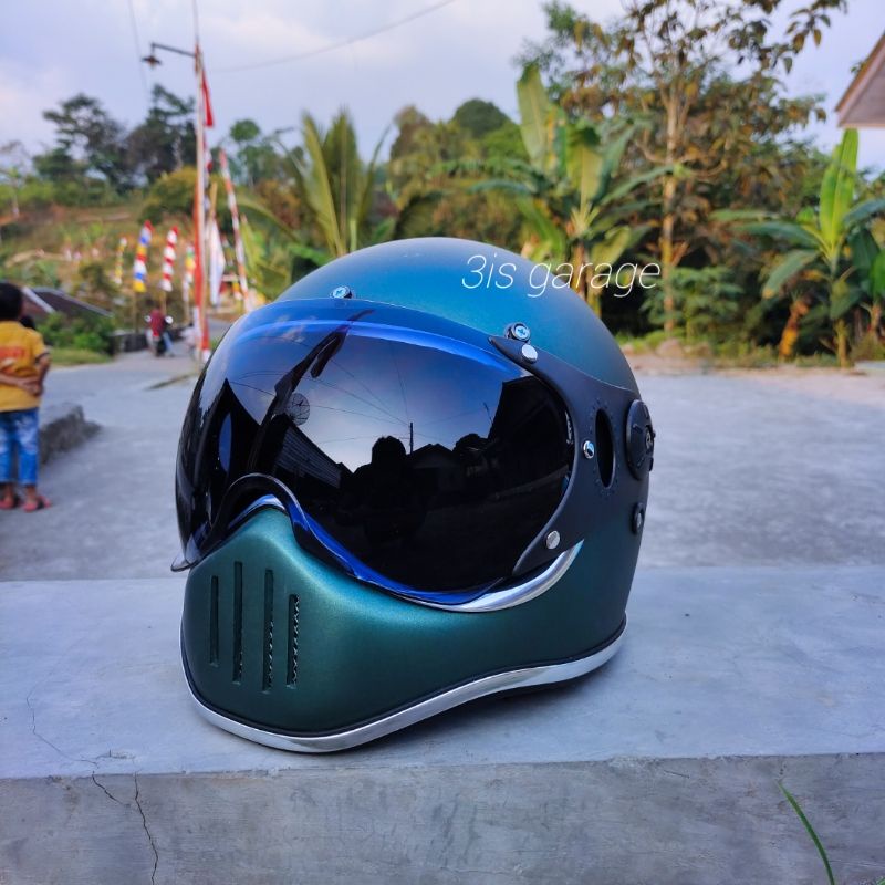 HELM CUSTOM CAKIL PILOT VISOR KLASIK RETRO LIST CHROME