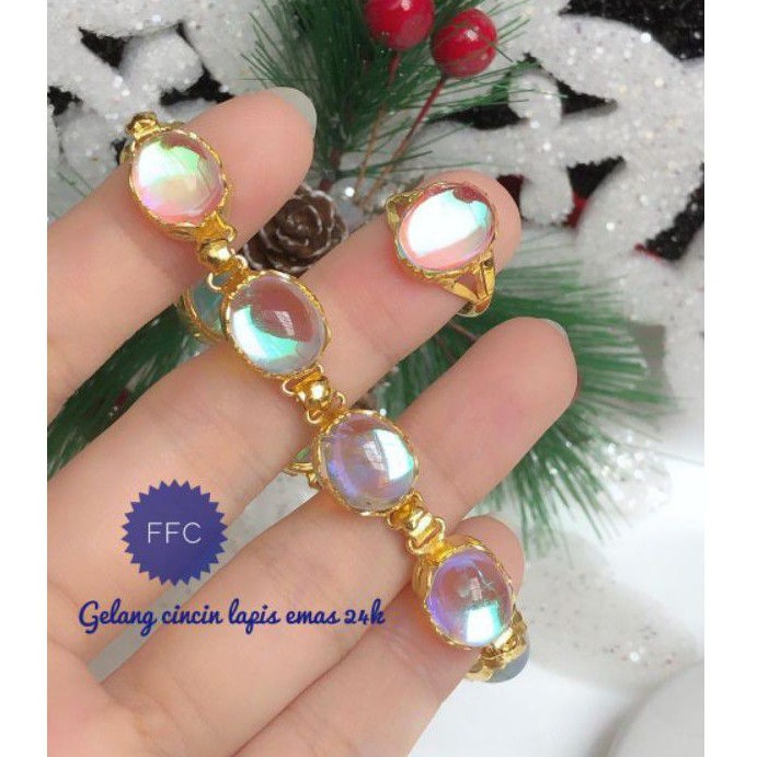 (SEP) Set Perhiasan Lapis Emas 24 Karat Xuping Gelang Cincin Batu Permata Putih Gold Mewah Titanium