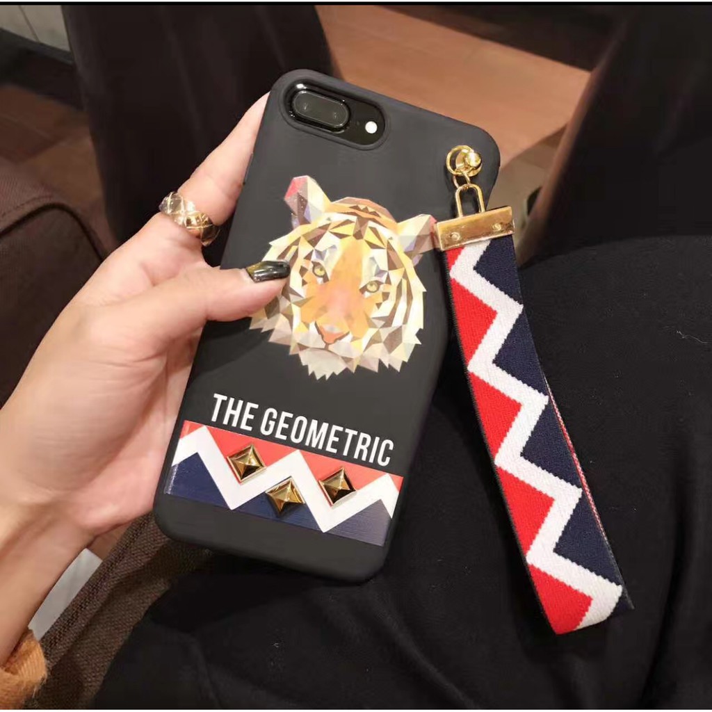 Soft Case HP Iphone with strap , Casing 6/6S, 6/6S Plus, 7 &amp; 7 Plus, Rubber - Black Geometric Tiger