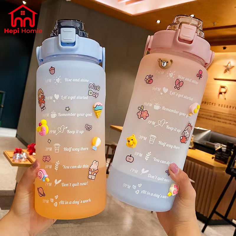 [HH] BOTOL MINUM KOREA JUMBO PELANGI 2 LITER VIRAL THUMBLER GRADIASI TANDA WAKTU MOTIVASI / WATER BOTTLE 2L FREE 2D &amp; 3D STICKER