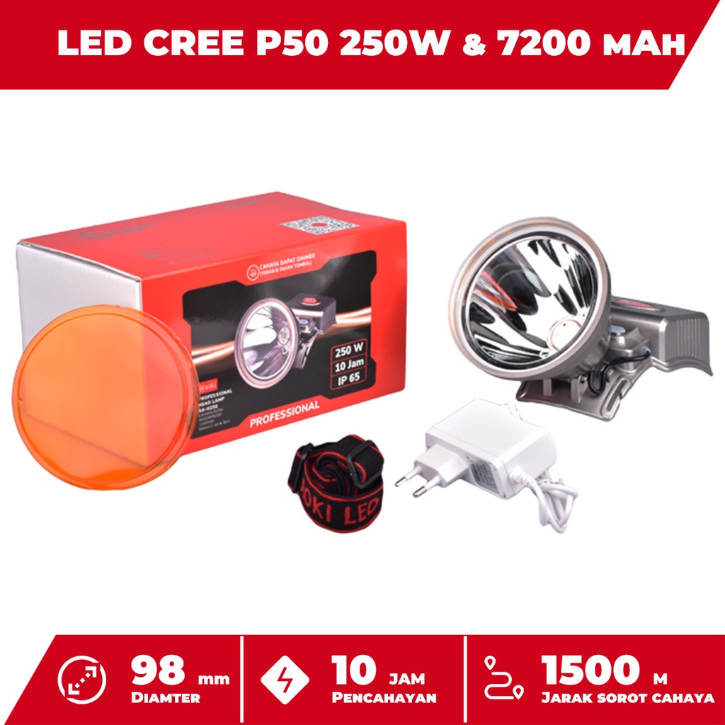 Professional Headlamp AOKI AK-H250 | Senter Kepala LED Jumbo 250 Watt AOKI AK H250 Baterai Lithium 7200mAh Tahan 10 Jam | Headlamp AOKI AK-H250 Cahaya Putih dan Kuning Super Terang | FMS