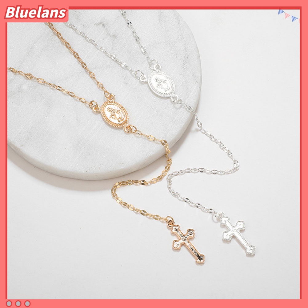 Bluelans Simple Women Cross Virgin Mary Oval Charm Lariat Y Necklace Religious Jewelry Gift