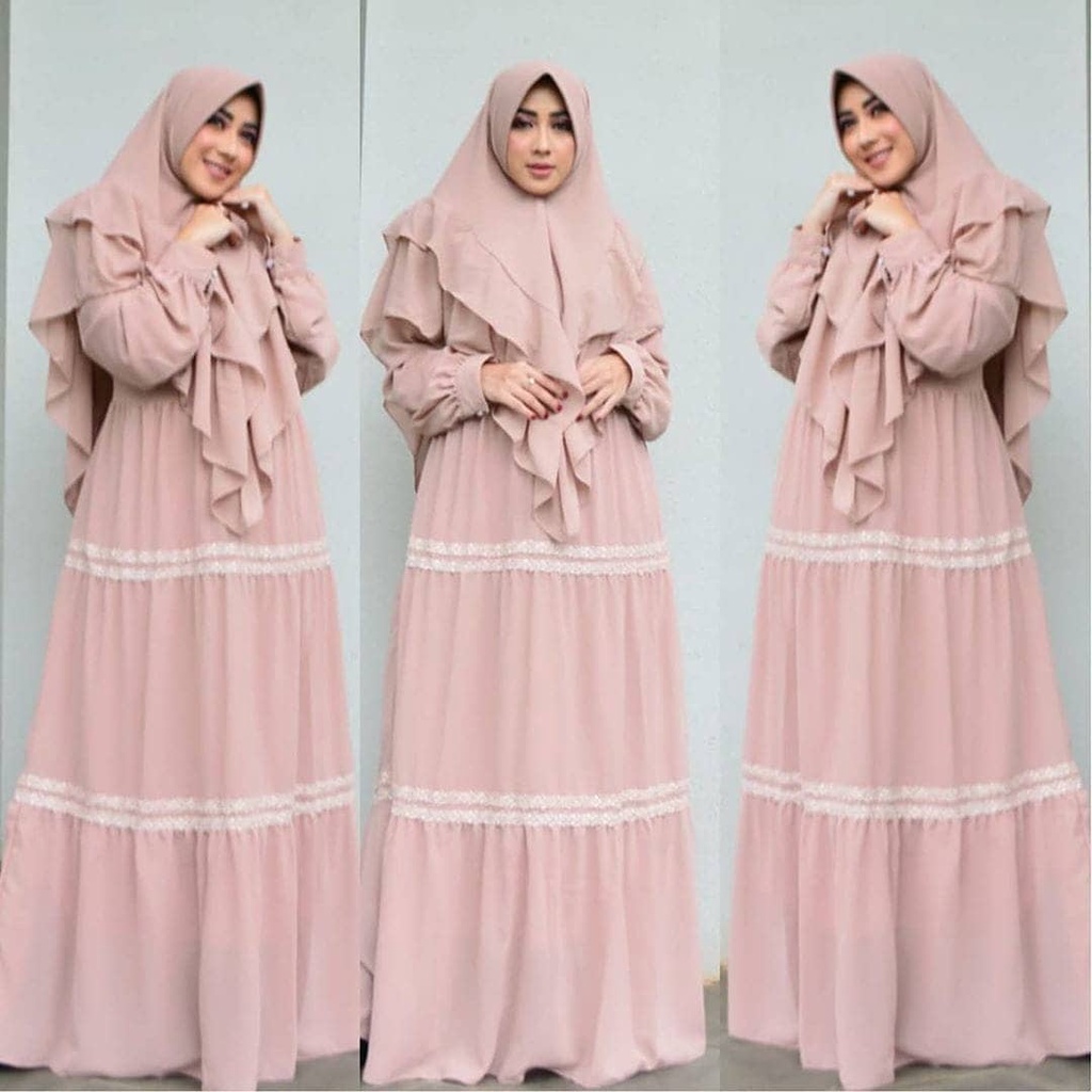 CAMELIA SYAR'I DRESS + KHIMAR BAHAN MOSSCRAPE APK RENDA  GAMIS SYARI MEWAH TERBARU GAMIS KEKINIAN BA