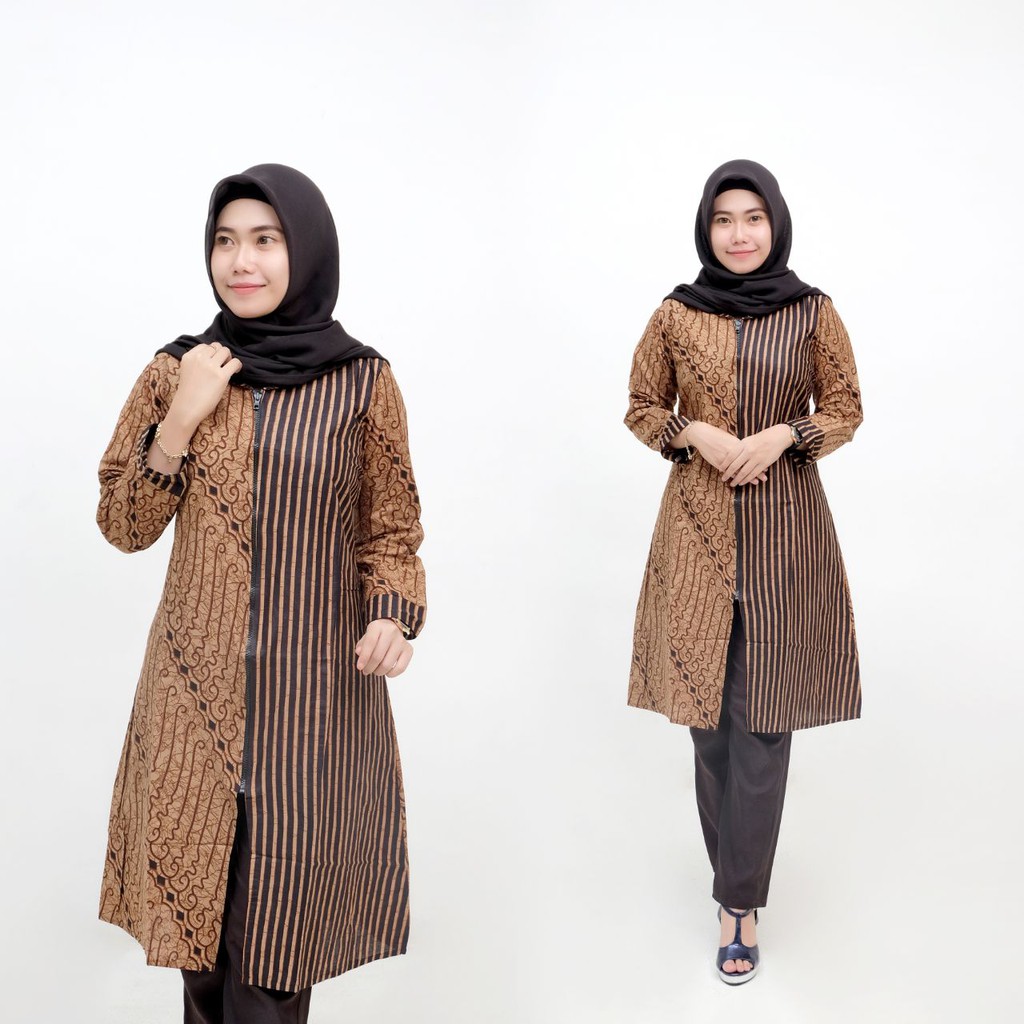  TUNIK  BATIK  WANITA MOTIF LIRIS LAWASAN ZIPPER  DEPAN  