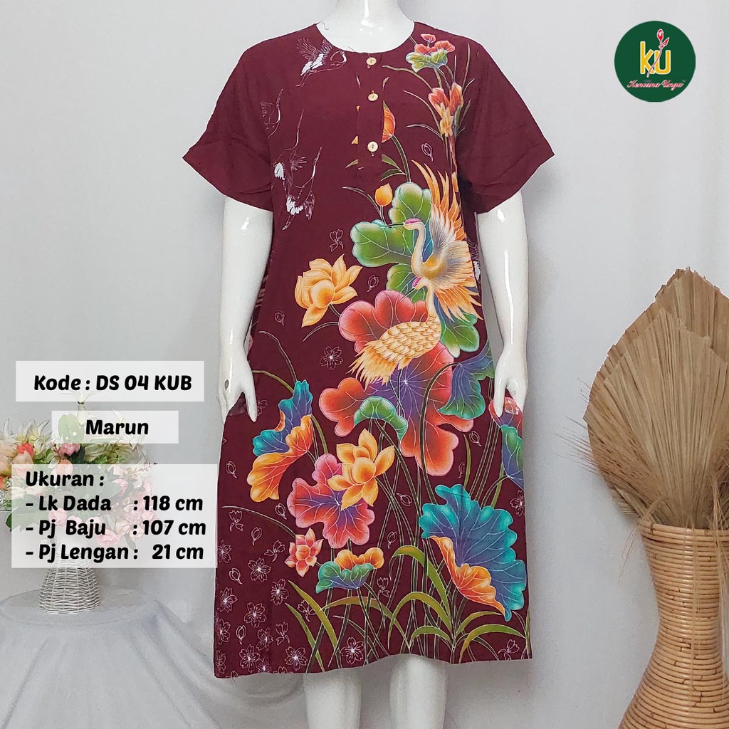 COD DS04 KUB | Daster Batik Kencana Ungu Asli Label Biru Uk. Jumbo LD 120 cm | Baju Santai Tidur Wanita Dewasa Kancing Depan Busui Friendly Motif Terbaru-Marun E