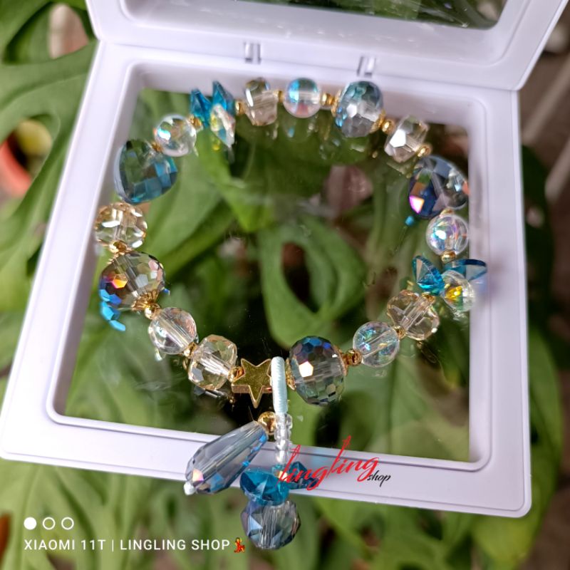 New Gelang batu kristal biru & hijau, gelang batu kristal free box, gelang batu kristal mix titanium