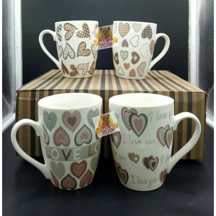 Mug Keramik Motif SET 4 - Mug Kopi - Mug Love - Mug Kembang - Mug Unik