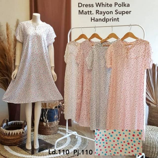 Dress white polka  matt rayon super handprint