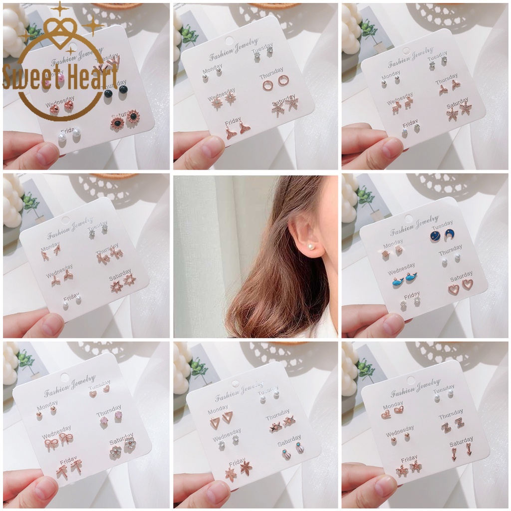 6 Pasang / Set Anting Tusuk Mutiara Bentuk Hati / Pita Untuk Wanita