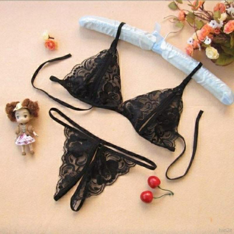 Satu Set Pinky Pakaian Dalam Wanita Fashion Set Bra Lingerie G-String Bahan Lace Bra-Hitam