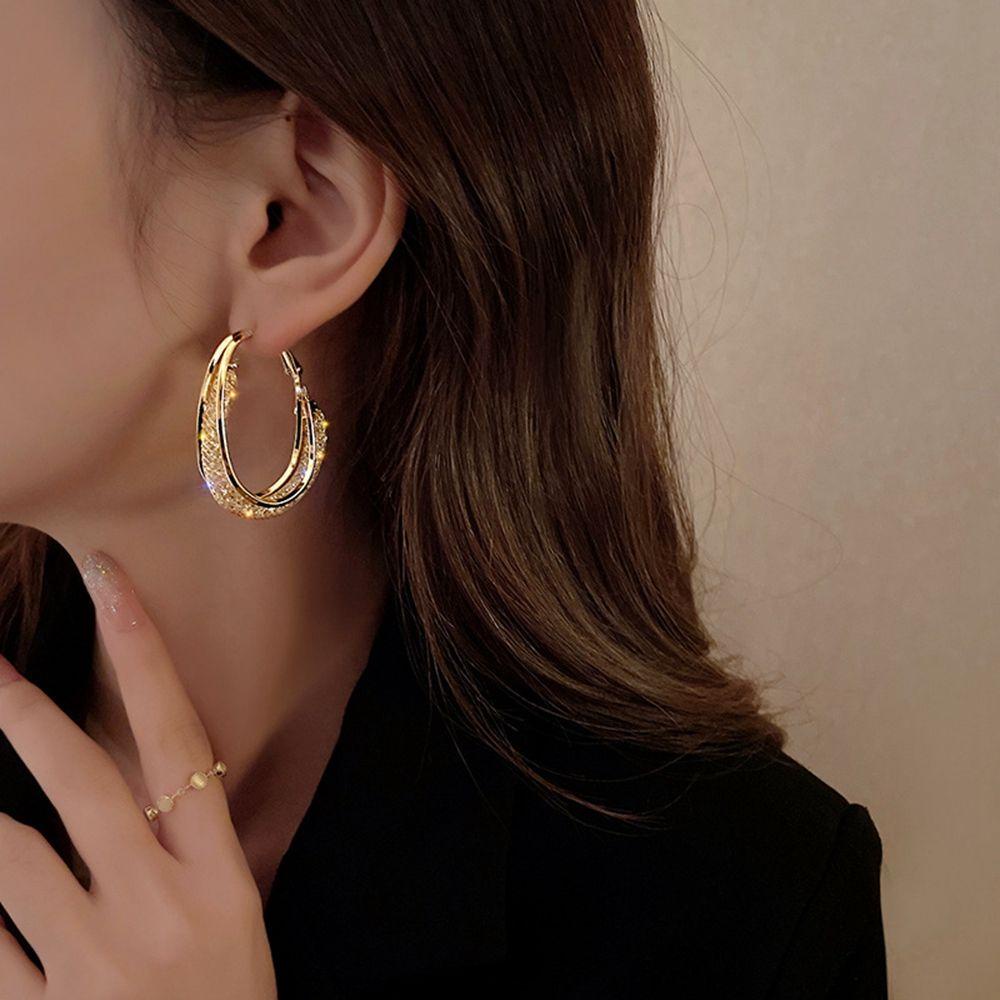 Mxbeauty Logam Anting Hoop Wanita Indah Geometri Lingkaran Besar Berbentuk C Anting Kristal Anting Perempuan