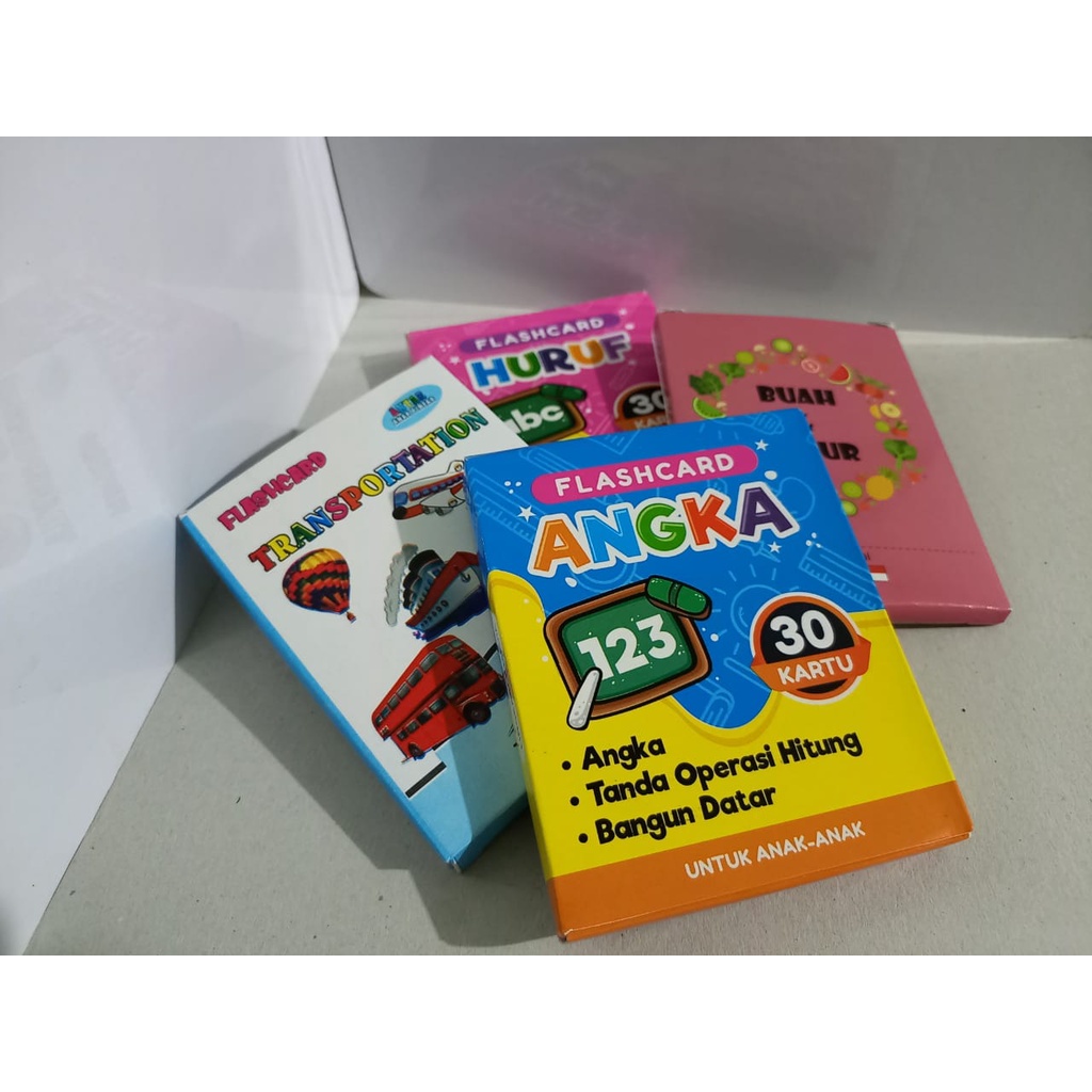 PAKET FLASHCARD ISI 4 (Flash Card Huruf,  Angka, Transportasi, Sayur  Buah / Hijaiyah)