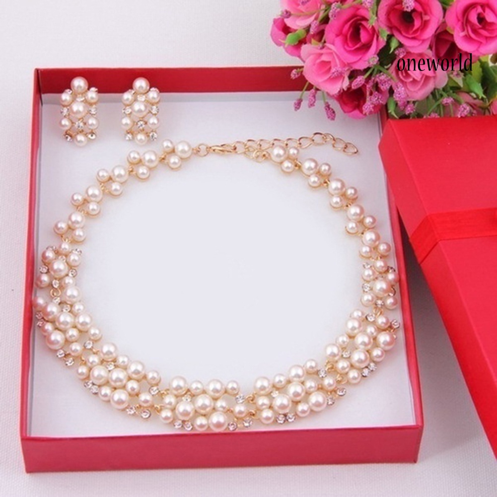 OW@ 2Pcs Women Fashion Faux Pearl Rhinestone Inlaid Necklace Earrings Jewelry Set