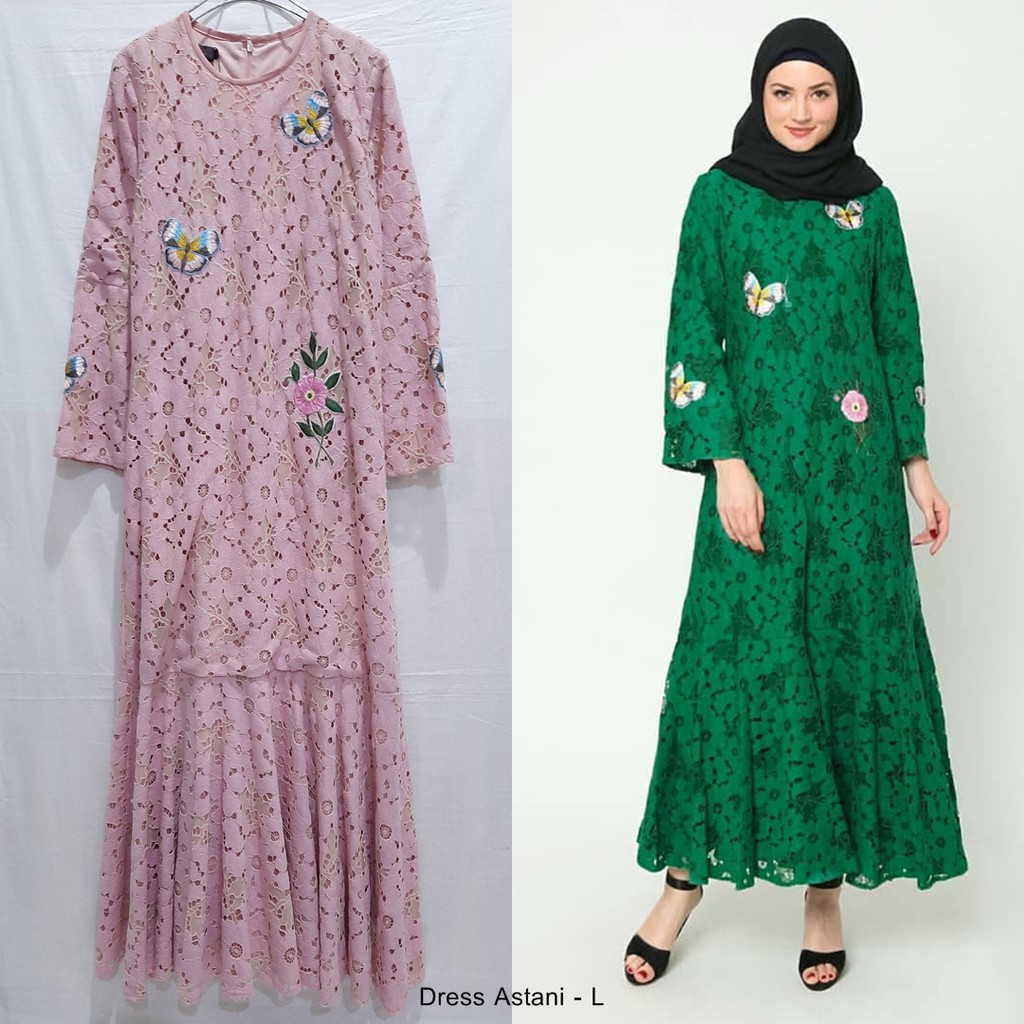 Gamis Dress Maxi Muslim Pesta Motif Bunga Ceruty Brokat Kombinasi Astani by Kamilaa Itang Yunasz