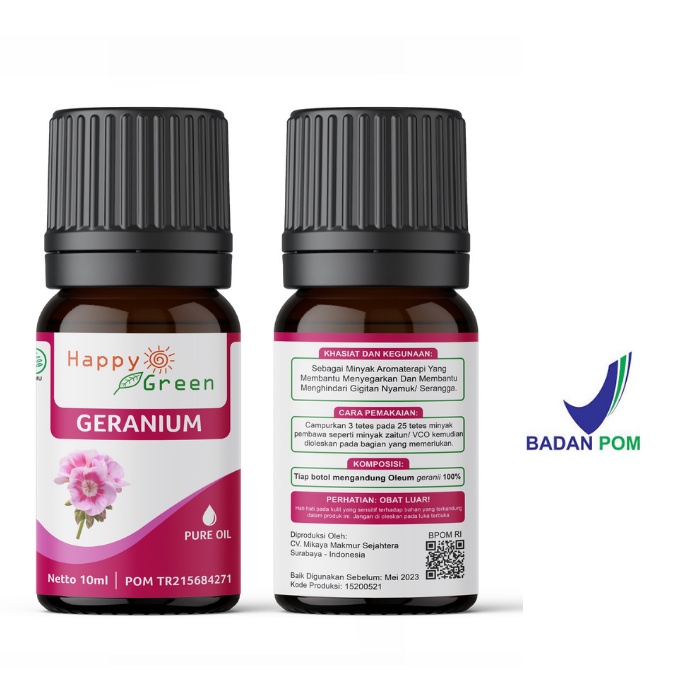 BPOM Happy Green Geranium Essential Oil - Minyak Bunga Geranium 100% Murni Natural