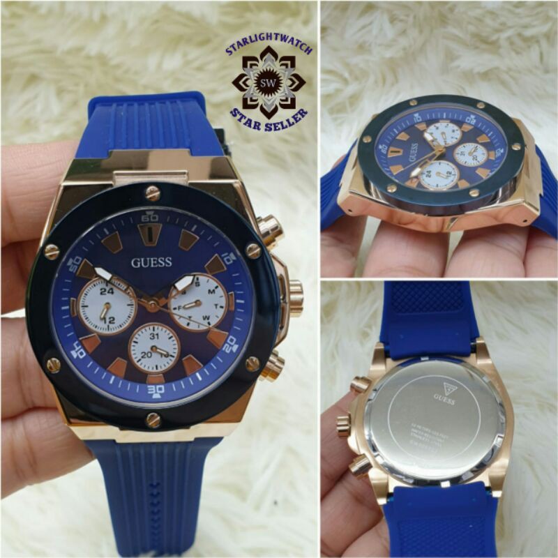 JAM TANGAN PRIA GUESS CRONO BATRE RING STEEL TALI RUBBER