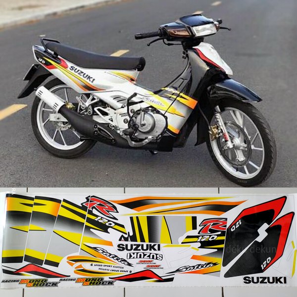 Striping motor Satria R lumba Hitam Putih Printing Laminasi