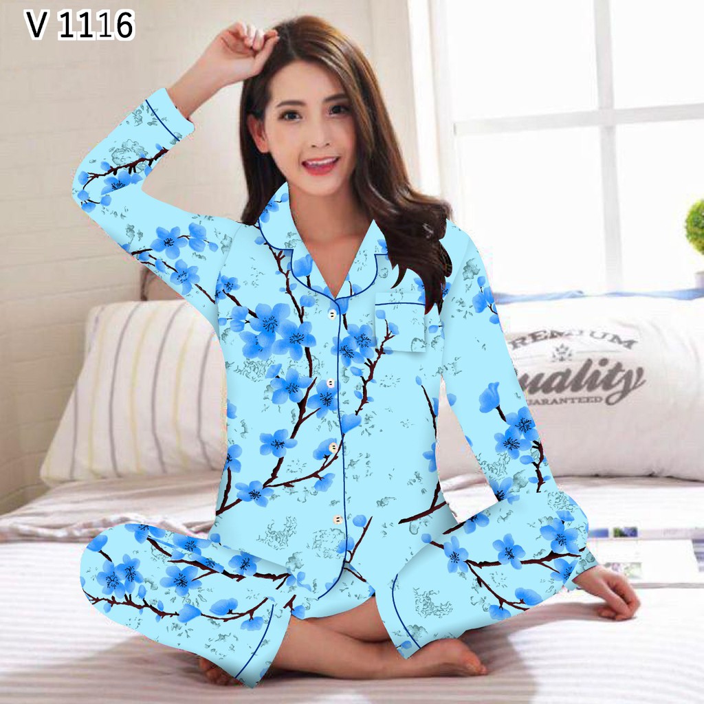 BJ-Piyama PP Wanita Dewasa Murah motif Karakter - Baju tidur lengan Panjang-Sakura Biru