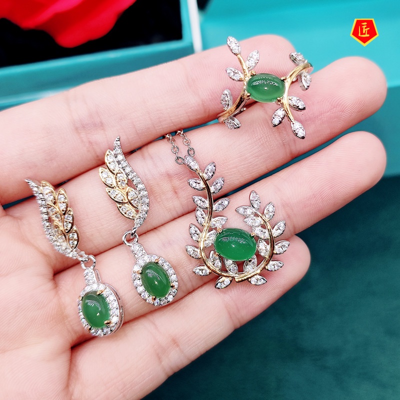 [Ready Stock]Natural Chalcedony Necklace Diamond Olive Leaf Pendant Open Ring