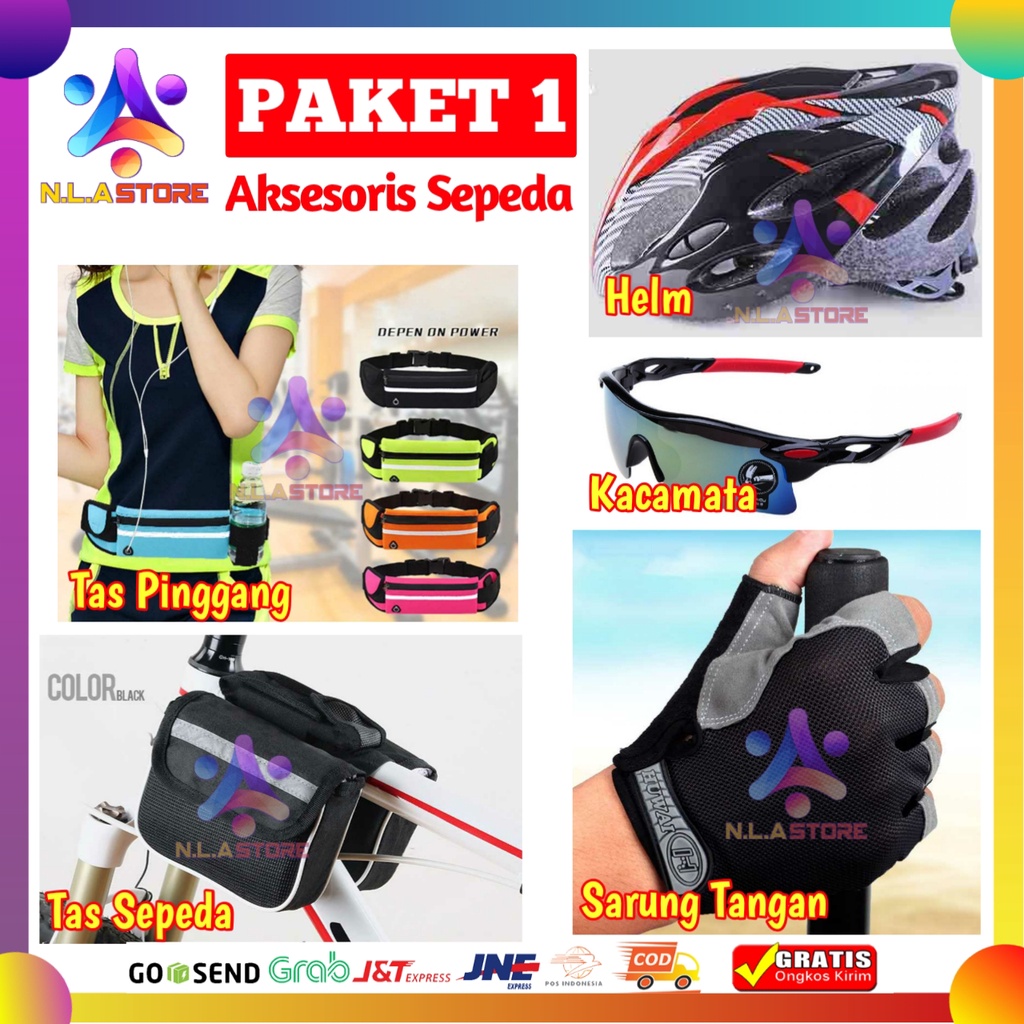 Paket Aksesoris Sepeda 1 Helm Kacamata Sarung Tangan Tas Pinggang