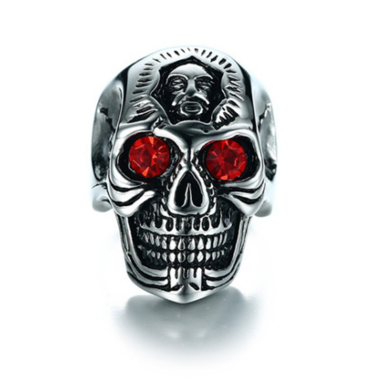 Hot sale personality fashion retro punk style red eye diamond skull ring