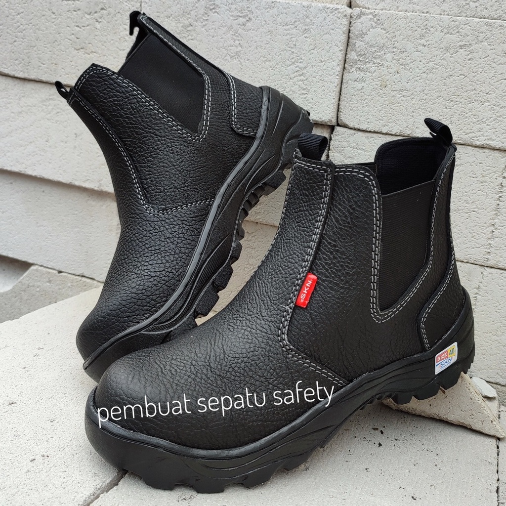 Sepatu Safety Elastis Slip On Boot King Skn Kulit Buatan Import Ujung Besi Terlaris Termurah Keselamatan Kerja Pabrik Pom Bengkel Batubara Proyek