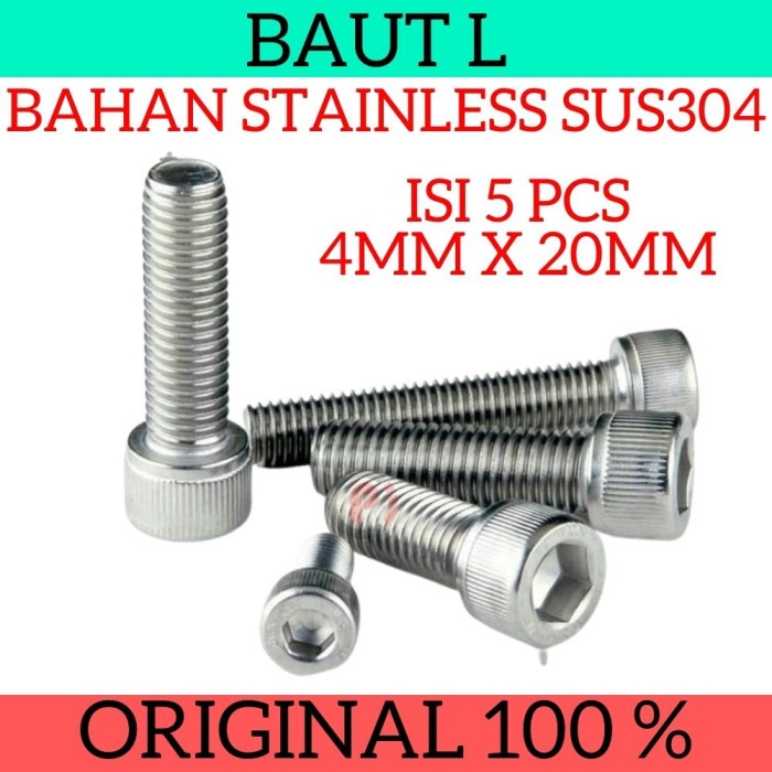 Isi 5 Pcs Baut L Ukuran 4 x 20mm 4x20mm Bahan Stainless Steel SUS304