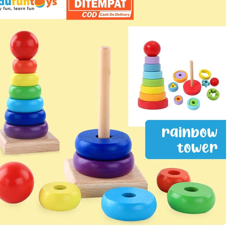 ✸ Edufontoys - RAINBOW TOWER /menara donat kayu / menara pelangi/ ring donat kayu/ mainan edukasi ka