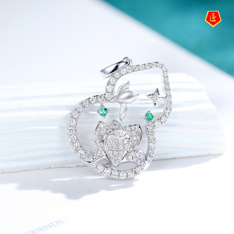 [Ready Stock]Retro Artistic Gourd Necklace with Lotus Emerald Zircon Pendant