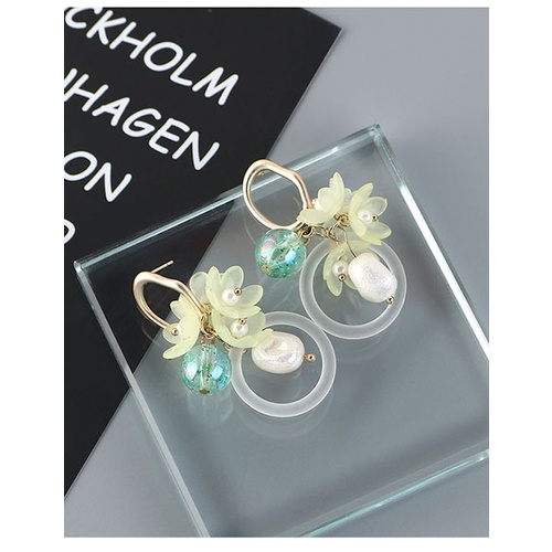 LRC Anting Tusuk Fashion Yellow Hollow Resin Pearl Flower Earrings Y63760