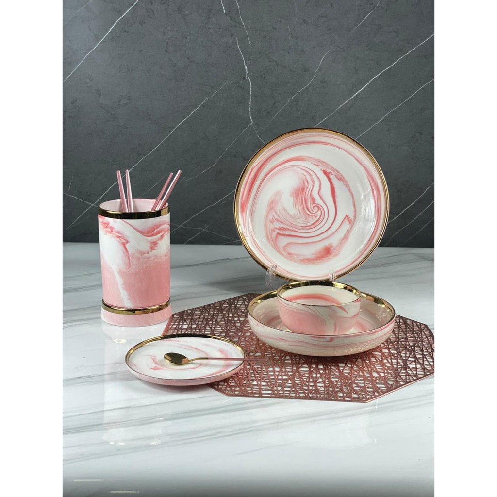 PIRING PINK MARBLE KERAMIK LIST EMAS ELEGAN/ PIRING KERAMIK PINK MOTIF MARMER LIST GOLD ELEGAN MEWAH-3