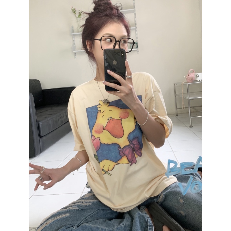 [100%  Katun]Yellow Duck Cartoon Kaos Cream Atasan Wanita Lengan Pendek Oversize Printed T-shirt Baju Wanita Kekinian Korean Style