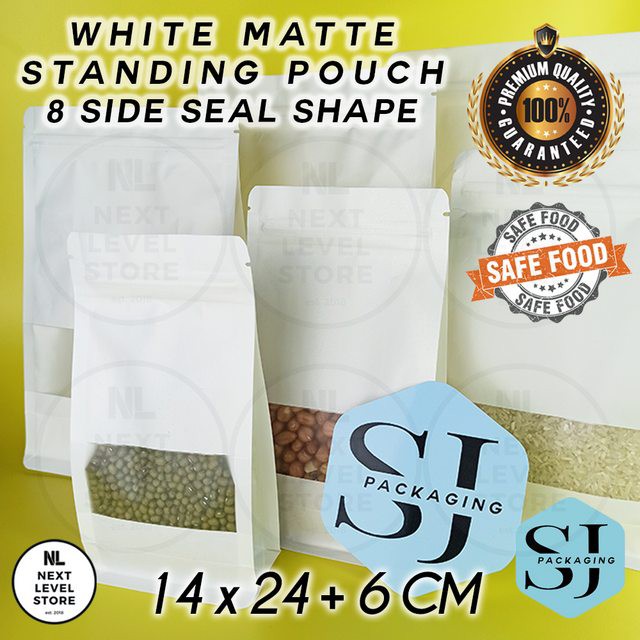 Standing Pouch 14x24+6cm White 8 Seal Shape Kraft Paper Ziplock