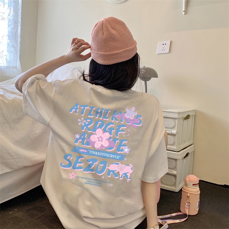 baju atasan wanita korean style/atasan/atasan hitam/atasan wanita warna putih/oversize/Atasan hitam lengan pendek retro longgar gaya korea sederhana