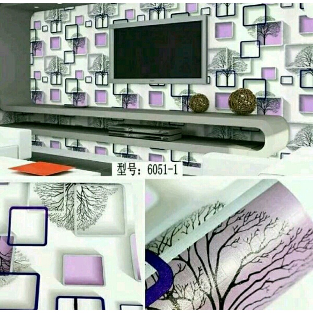 wallpaper dinding motif pohon dan kotak kotak ungu 3D dimensi 45 cm x 10 meter
