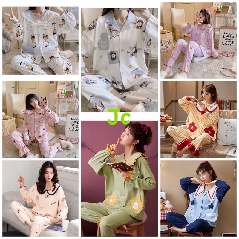 JC NEW Set Piyama Kerah Babydoll Import PP / Piyama Panjang Muslimah   / grosir Piyama wanita Import