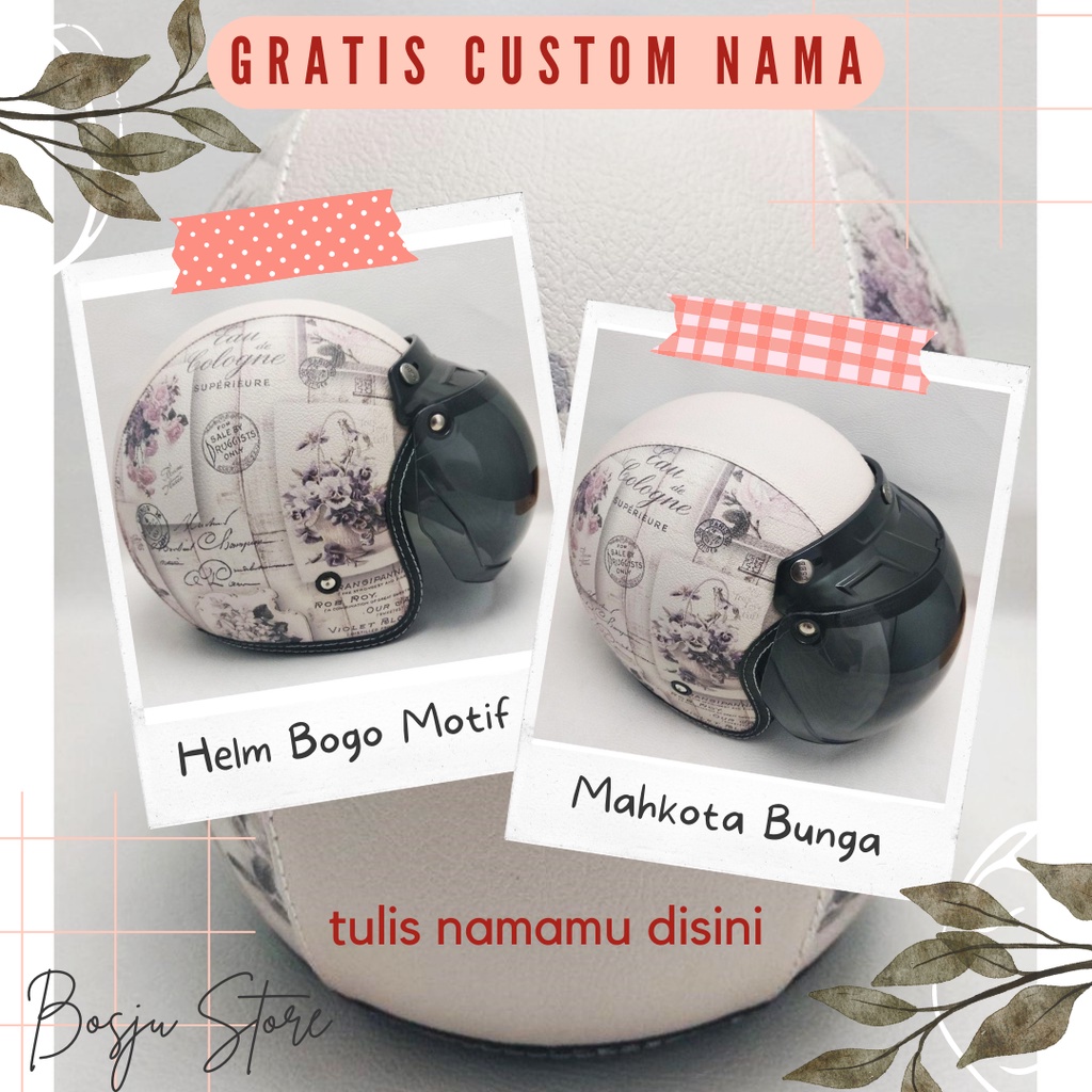 HELM BOGO RETRO MOTIF MAHKOTA BUNGA ABU KULIT CLASSIC WANITA DEWASA KACA DATAR - HELEM BOGO BOSJU