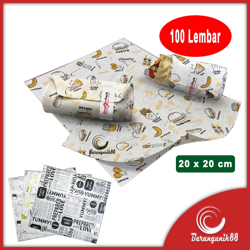 [20x20cm] Kertas Nasi Laminasi Kertas Burger Wax Paper Wrap Kebab Sandwich Anti Lengket 100Lembar
