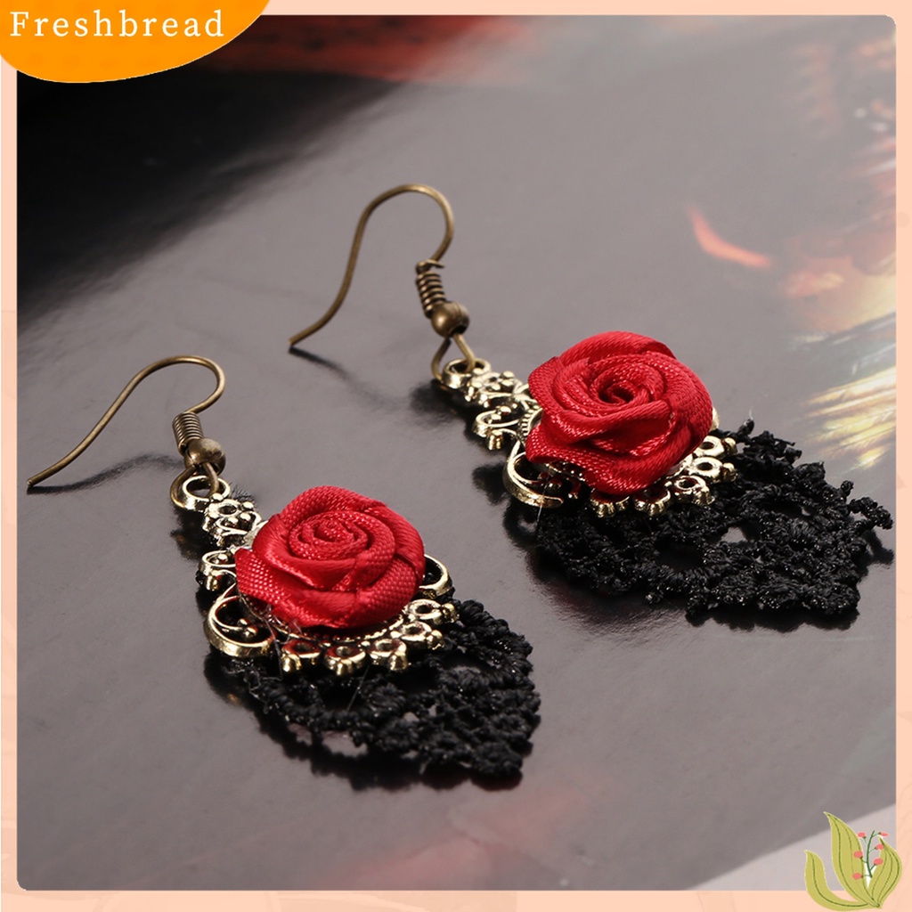 【Fresh】1 Pair Vintage Gothic Vampire Halloween Black Lace Red Flowers Dangle Earrings