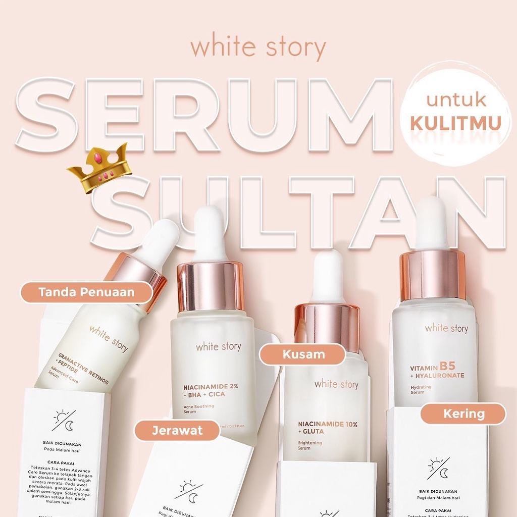 WHITE STORY Face Serum Indonesia / Skincare Brightening Acne Soothing Hydrating Peeling Peptide Anti Aging Advanced Arbutin Glow Vitamin C Radiance / Facial Wash Essence Toner Day Night Eye Cream Underarm Mask Sunscreen / Body Care Lotion Soap Paket Wajah