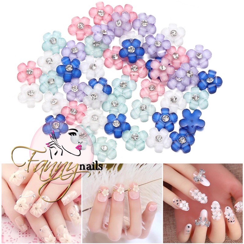 Hiasan bunga timbul nail charm white pink flower nail acc rhinestone nail crystal ab