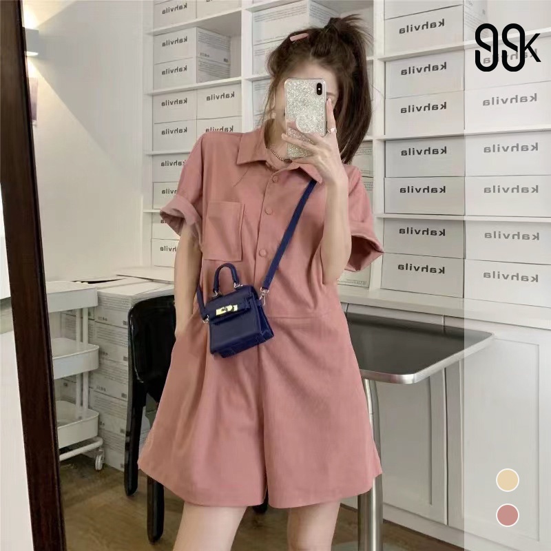 Korean Jumpsuit Button Shirt Wanita Lengan Pendek 1445 (S-XL)